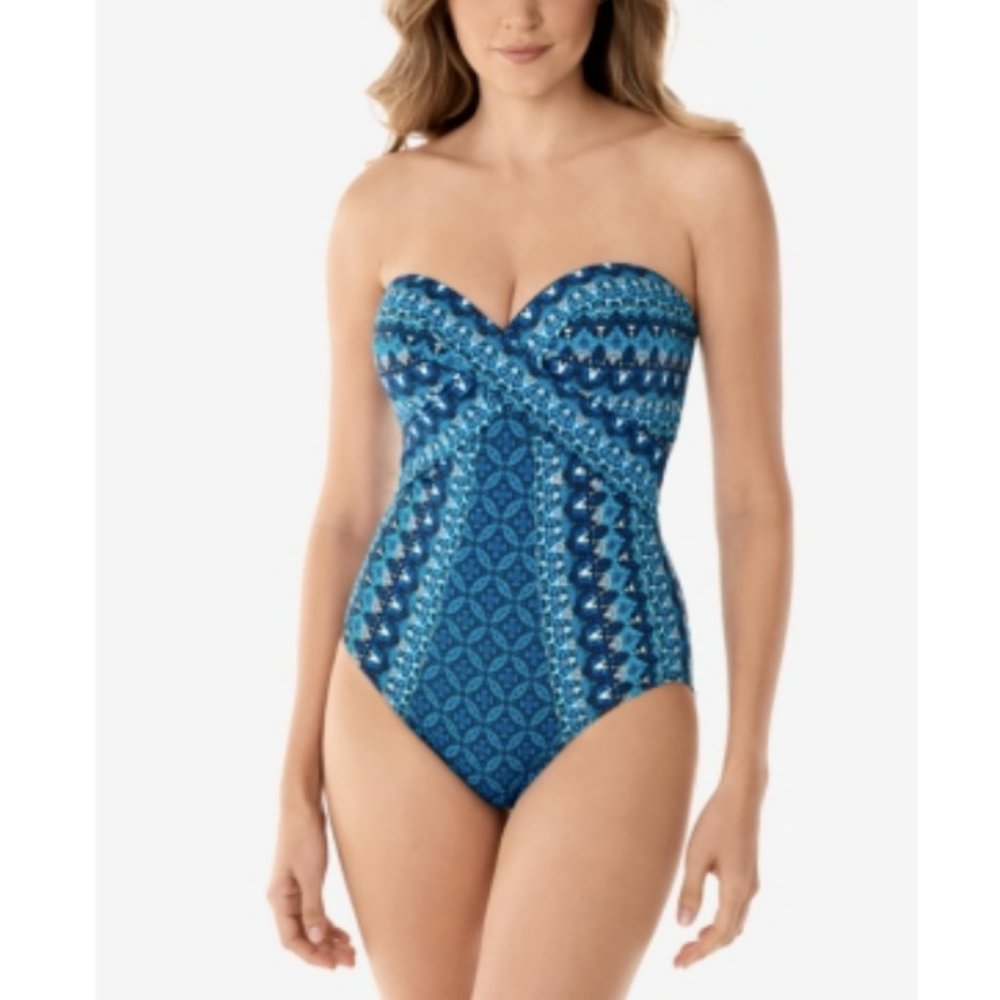 Miraclesuit Women's $190 Mosaica Seville Bandeau One Piece Swimsuit Size 14